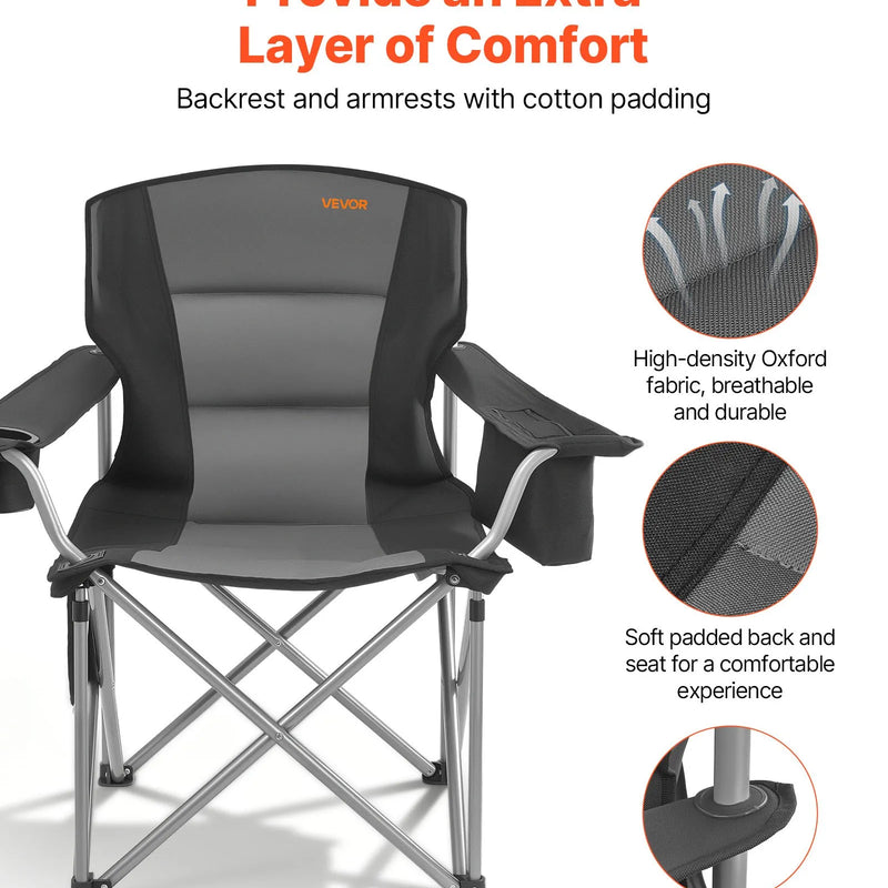 VEVOR saliekami kempinga krēsli 2 gab., maksimālā slodze 204 kg, ar polsterētu atzveltni un roku balstiem, krūzes turētāju, sānu kabatu un dzesēšanas somu, portatīvi krēsli kempingam un makšķerēšanai