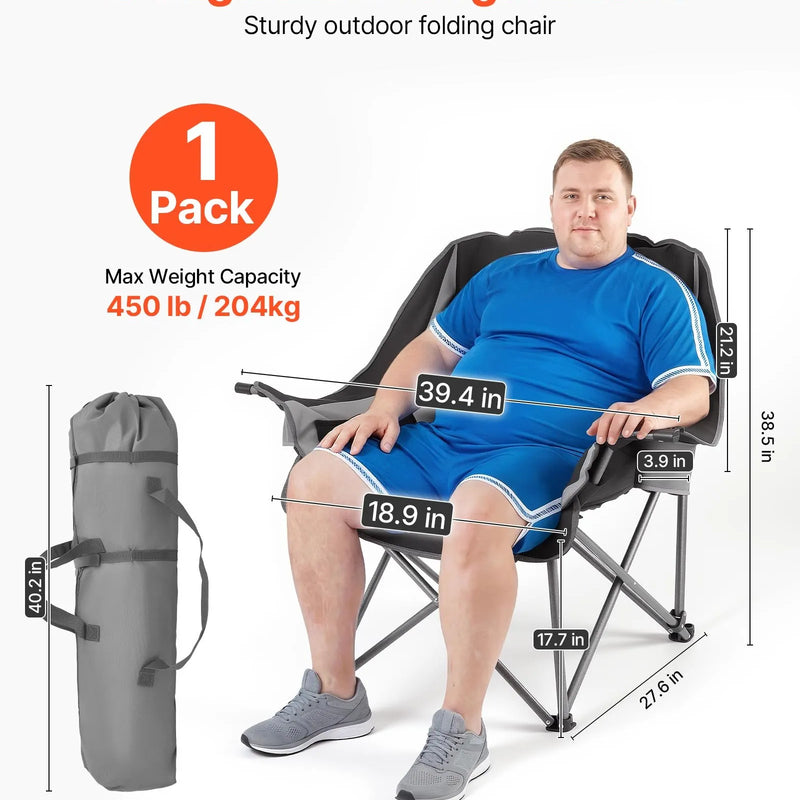 VEVOR liela izmēra kempinga krēsls, saliekams polsterēts krēsls ar līdz 204 kg slodzi, 2 krūžu turētāji un vīna glāzes turētājs, pārnēsāšanas soma kempingam un makšķerēšanai, melns/pelēks, 1 gab.