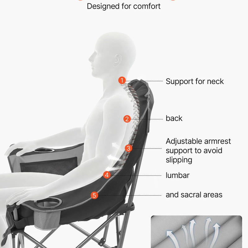 VEVOR liela izmēra kempinga krēsls, saliekams polsterēts krēsls ar līdz 204 kg slodzi, 2 krūžu turētāji un vīna glāzes turētājs, pārnēsāšanas soma kempingam un makšķerēšanai, melns/pelēks, 1 gab.