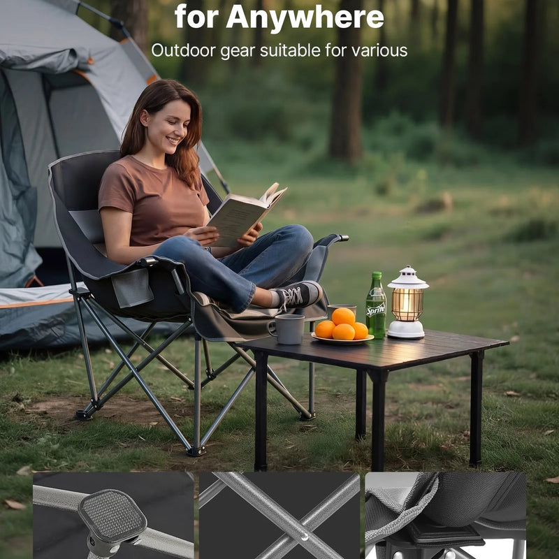 VEVOR liela izmēra kempinga krēsls, saliekams polsterēts krēsls ar līdz 204 kg slodzi, 2 krūžu turētāji un vīna glāzes turētājs, pārnēsāšanas soma kempingam un makšķerēšanai, melns/pelēks, 1 gab.