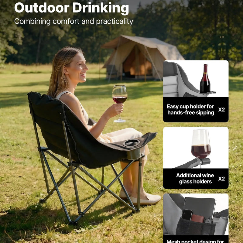 VEVOR liela izmēra kempinga krēsls, saliekams polsterēts krēsls ar līdz 204 kg slodzi, 2 krūžu turētāji un vīna glāzes turētājs, pārnēsāšanas soma kempingam un makšķerēšanai, melns/pelēks, 1 gab.