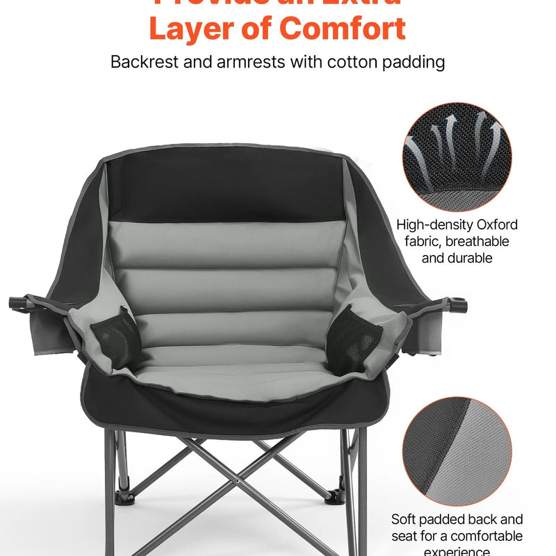 VEVOR liela izmēra kempinga krēsls, saliekams polsterēts krēsls ar līdz 204 kg slodzi, 2 krūžu turētāji un vīna glāzes turētājs, pārnēsāšanas soma kempingam un makšķerēšanai, melns/pelēks, 1 gab.