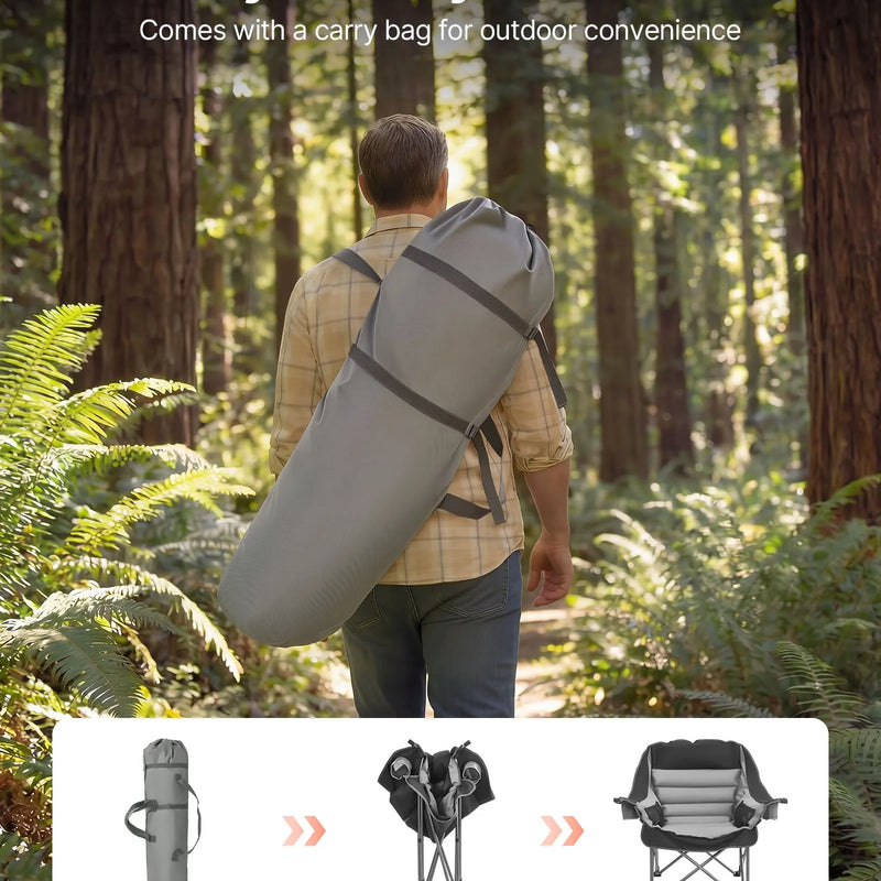 VEVOR liela izmēra kempinga krēsls, saliekams polsterēts krēsls ar līdz 204 kg slodzi, 2 krūžu turētāji un vīna glāzes turētājs, pārnēsāšanas soma kempingam un makšķerēšanai, melns/pelēks, 1 gab.