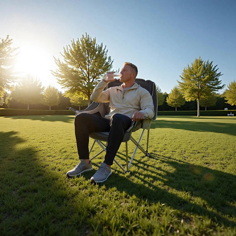 VEVOR liela izmēra kempinga krēsls, saliekams polsterēts krēsls ar līdz 204 kg slodzi, 2 krūžu turētāji un vīna glāzes turētājs, pārnēsāšanas soma kempingam un makšķerēšanai, melns/pelēks, 1 gab.