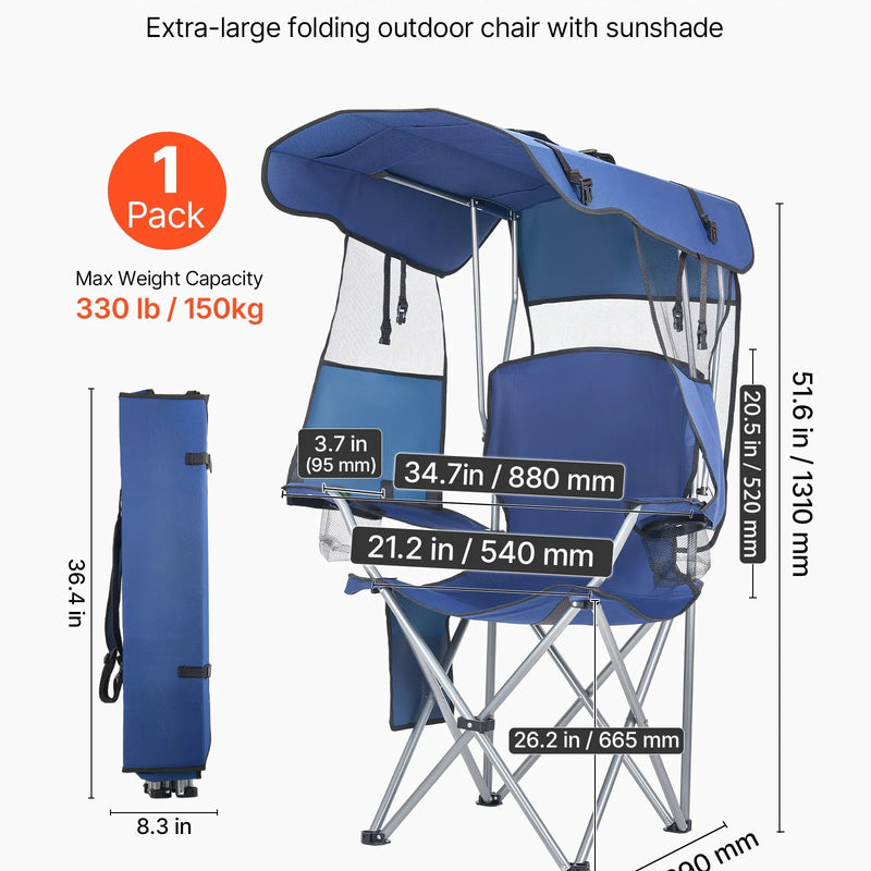 VEVOR saliekams kempinga krēsls ar jumtiņu, pludmales krēsls ar nojumi un žurnālu kabatu, 2 glāžu turētāji, līdz 150 kg slodze, pārnēsāšanas soma, kempingam, makšķerēšanai un pasākumiem, tumši zils