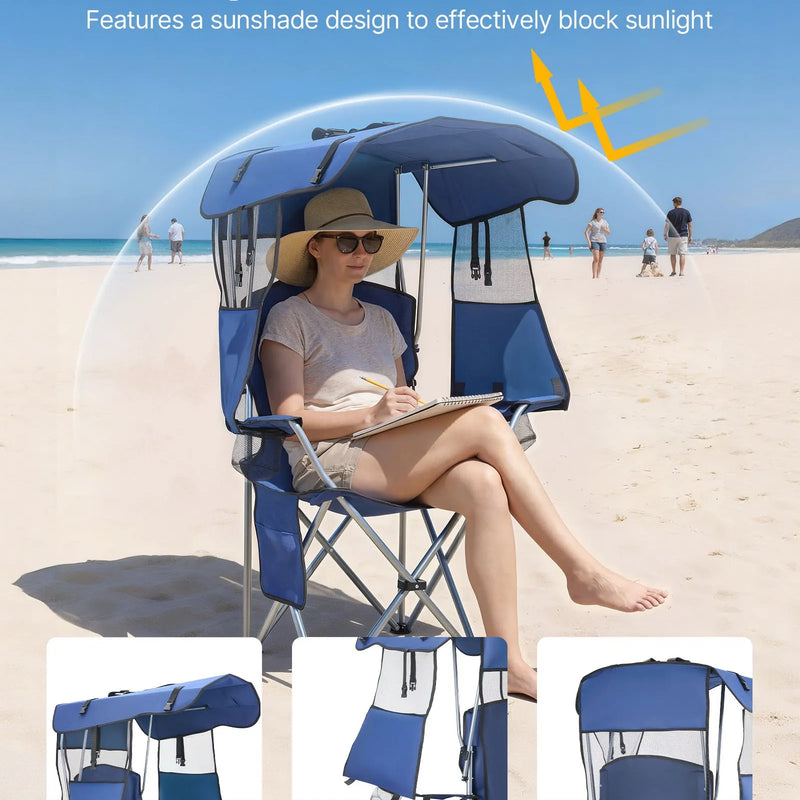 VEVOR saliekams kempinga krēsls ar jumtiņu, pludmales krēsls ar nojumi un žurnālu kabatu, 2 glāžu turētāji, līdz 150 kg slodze, pārnēsāšanas soma, kempingam, makšķerēšanai un pasākumiem, tumši zils