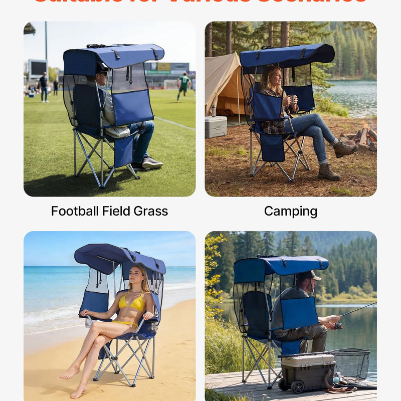 VEVOR saliekams kempinga krēsls ar jumtiņu, pludmales krēsls ar nojumi un žurnālu kabatu, 2 glāžu turētāji, līdz 150 kg slodze, pārnēsāšanas soma, kempingam, makšķerēšanai un pasākumiem, tumši zils