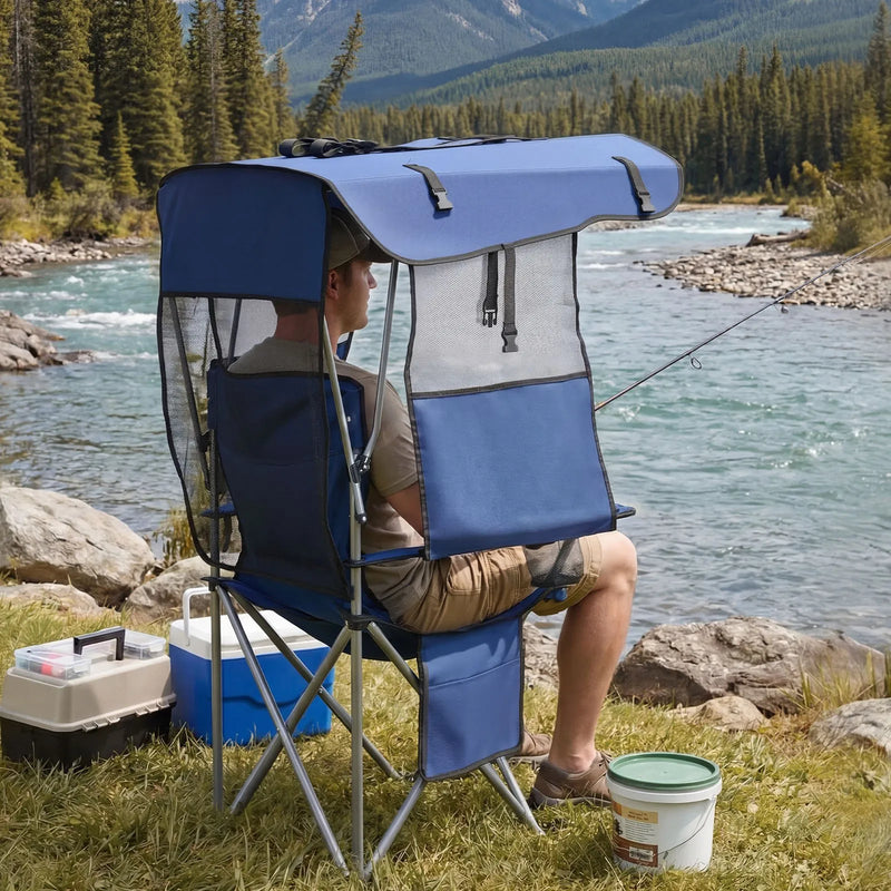 VEVOR saliekams kempinga krēsls ar jumtiņu, pludmales krēsls ar nojumi un žurnālu kabatu, 2 glāžu turētāji, līdz 150 kg slodze, pārnēsāšanas soma, kempingam, makšķerēšanai un pasākumiem, tumši zils