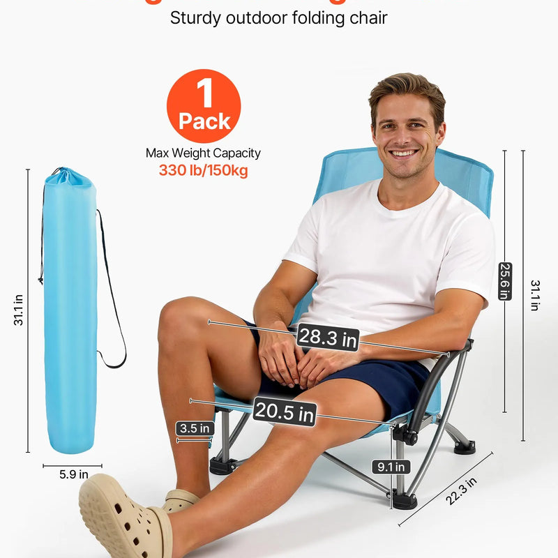 VEVOR saliekams pludmales krēsls ar augstu atzveltni, paplašināts sēdeklis, līdz 150 kg slodze, krūzes kabata, sieta atzveltne un pārnēsāšanas soma, gaiši zils