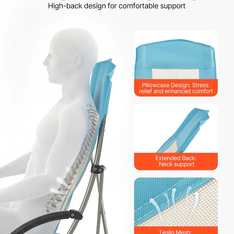 VEVOR saliekams pludmales krēsls ar augstu atzveltni, paplašināts sēdeklis, līdz 150 kg slodze, krūzes kabata, sieta atzveltne un pārnēsāšanas soma, gaiši zils