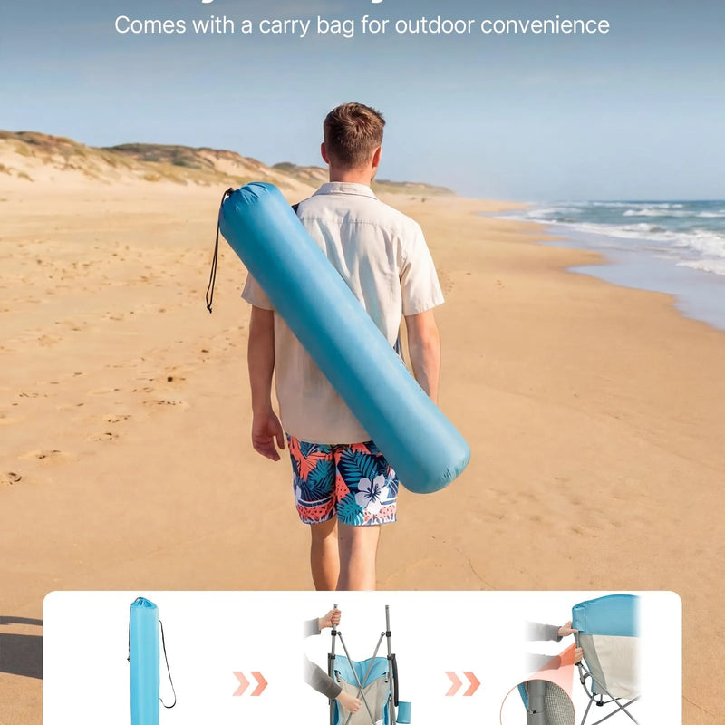 VEVOR saliekams pludmales krēsls ar augstu atzveltni, paplašināts sēdeklis, līdz 150 kg slodze, krūzes kabata, sieta atzveltne un pārnēsāšanas soma, gaiši zils