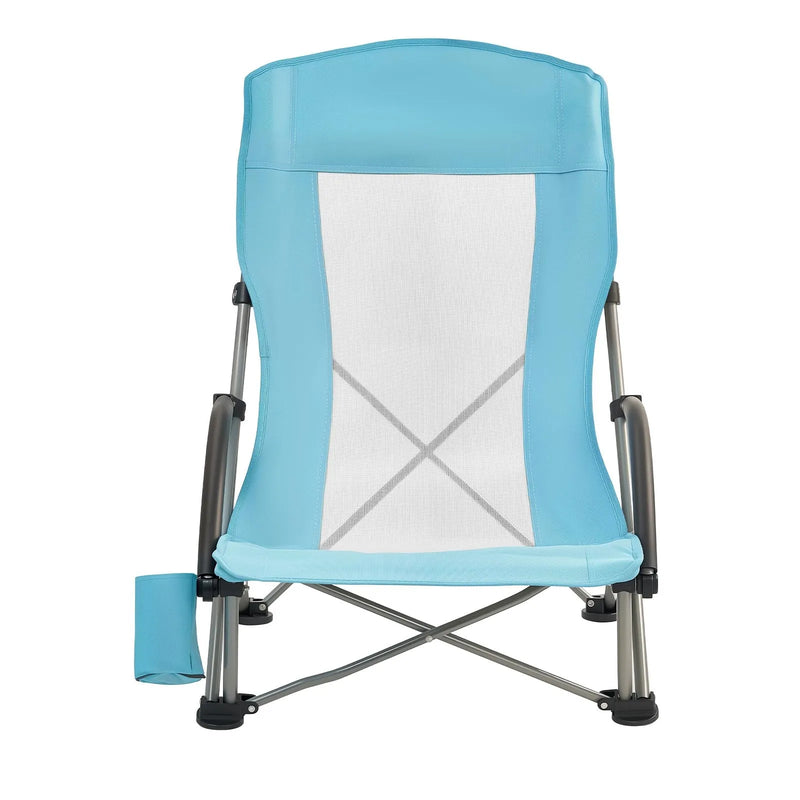 VEVOR saliekams pludmales krēsls ar augstu atzveltni, paplašināts sēdeklis, līdz 150 kg slodze, krūzes kabata, sieta atzveltne un pārnēsāšanas soma, gaiši zils