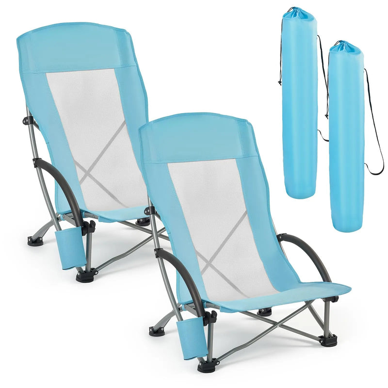 VEVOR saliekami pludmales krēsli ar augstu atzveltni, paplašināts sēdeklis, līdz 150 kg slodze, krūzes kabata, sieta atzveltne un pārnēsāšanas soma, gaiši zili, 2 gab.