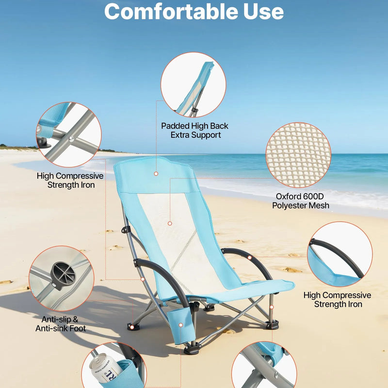 VEVOR saliekami pludmales krēsli ar augstu atzveltni, paplašināts sēdeklis, līdz 150 kg slodze, krūzes kabata, sieta atzveltne un pārnēsāšanas soma, gaiši zili, 2 gab.