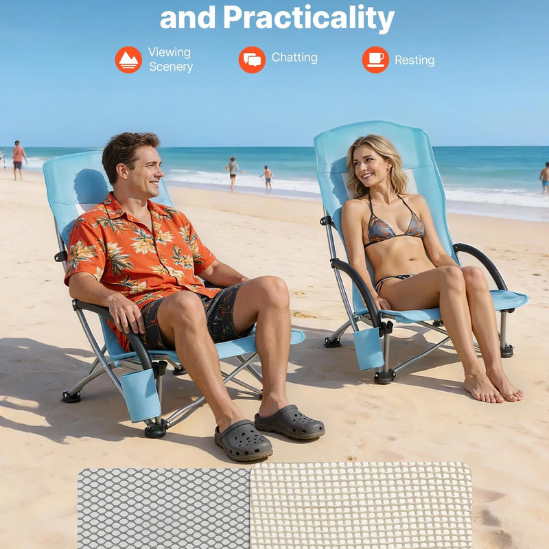 VEVOR saliekami pludmales krēsli ar augstu atzveltni, paplašināts sēdeklis, līdz 150 kg slodze, krūzes kabata, sieta atzveltne un pārnēsāšanas soma, gaiši zili, 2 gab.