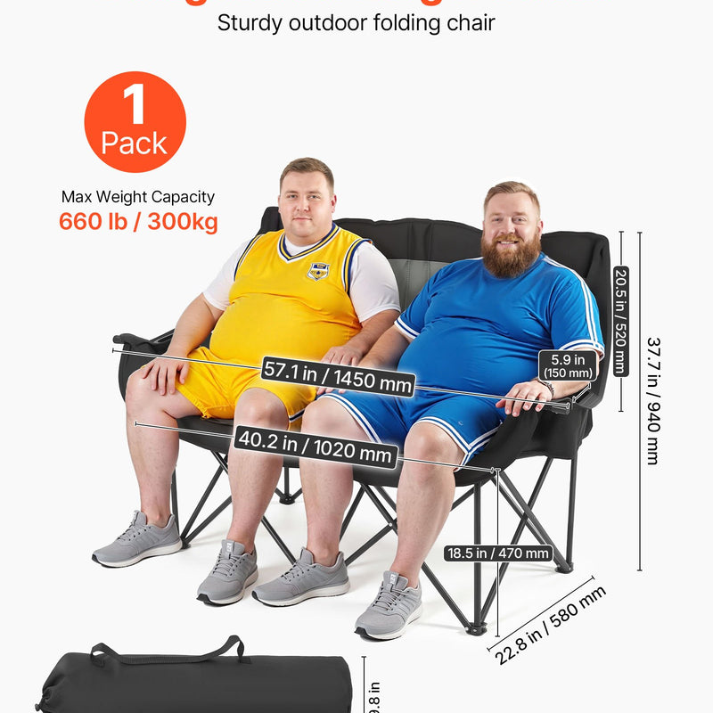 VEVOR divvietīgs kempinga krēsls, palielināts divu personu saliekams krēsls ar 300 kg slodzi, ar 2 krūžu turētājiem, vīna glāžu turētājiem, žurnālu siksnām un pārnēsāšanas somu, āra un pludmales lietošanai
