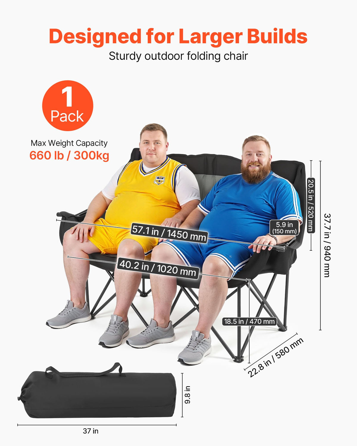 VEVOR divvietīgs kempinga krēsls, palielināts divu personu saliekams krēsls ar 300 kg slodzi, ar 2 krūžu turētājiem, vīna glāžu turētājiem, žurnālu siksnām un pārnēsāšanas somu, āra un pludmales lietošanai - ZEMLETES.LV