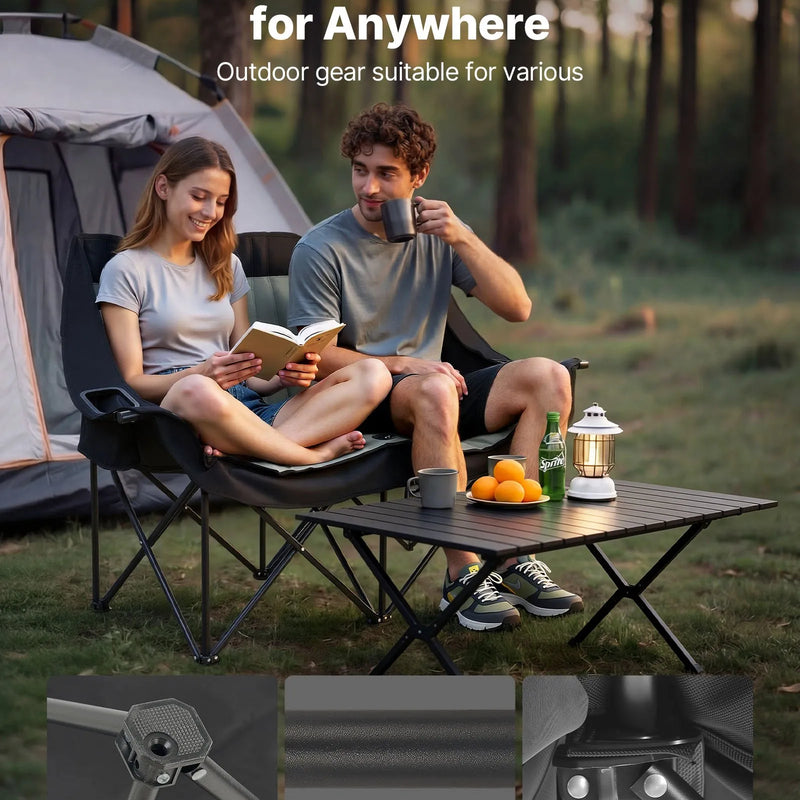 VEVOR divvietīgs kempinga krēsls, palielināts divu personu saliekams krēsls ar 300 kg slodzi, ar 2 krūžu turētājiem, vīna glāžu turētājiem, žurnālu siksnām un pārnēsāšanas somu, āra un pludmales lietošanai