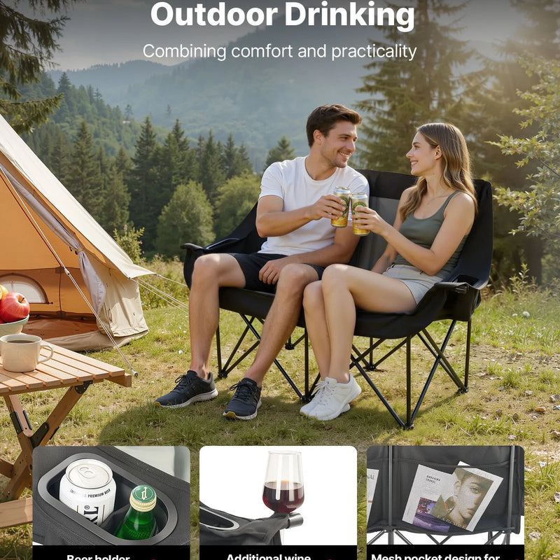 VEVOR divvietīgs kempinga krēsls, palielināts divu personu saliekams krēsls ar 300 kg slodzi, ar 2 krūžu turētājiem, vīna glāžu turētājiem, žurnālu siksnām un pārnēsāšanas somu, āra un pludmales lietošanai