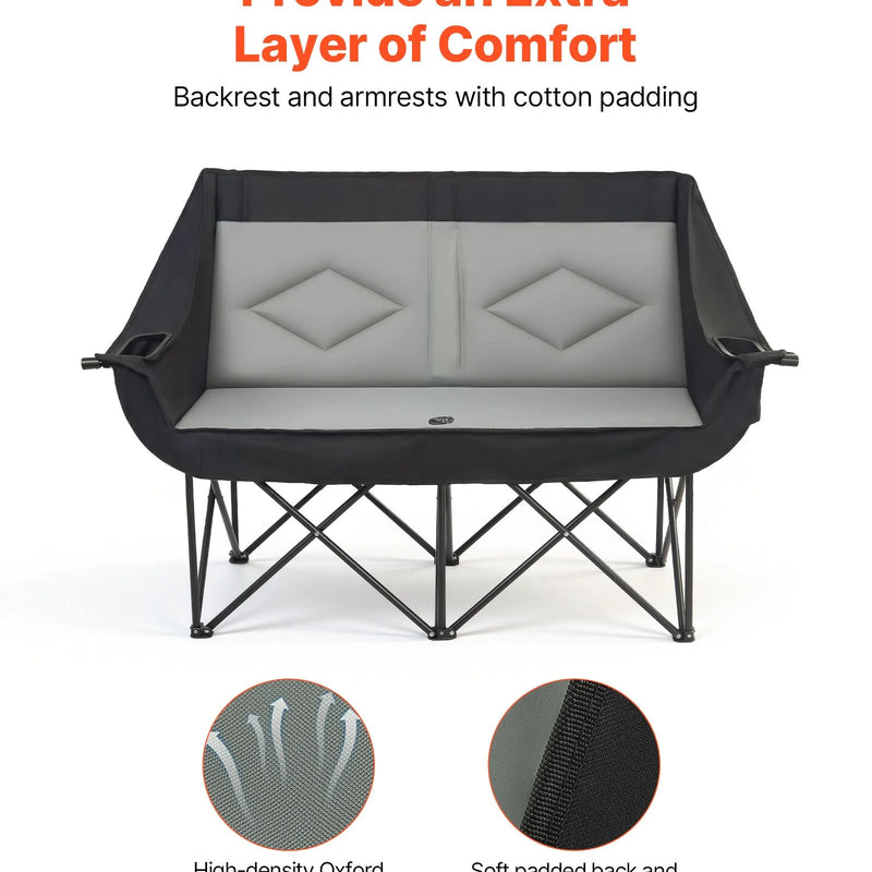 VEVOR divvietīgs kempinga krēsls, palielināts divu personu saliekams krēsls ar 300 kg slodzi, ar 2 krūžu turētājiem, vīna glāžu turētājiem, žurnālu siksnām un pārnēsāšanas somu, āra un pludmales lietošanai