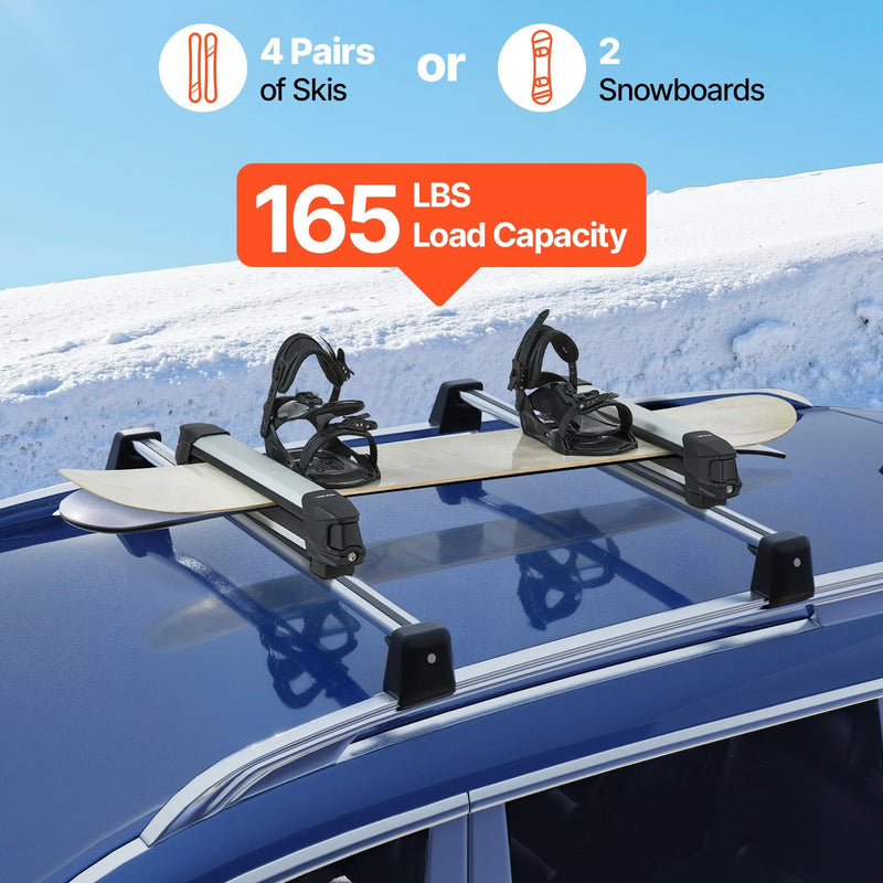 VEVOR slēpju un snovborda jumta turētājs, paredzēts līdz 4 slēpju pāriem vai 2 snovbordiem, 2 gab. universāls alumīnija auto jumta bagāžnieks ar slēdzeni un gumijas polsterējumu, piemērots arī makšķerkātiem, saderīgs ar vairumu rievotu šķērsstieņu