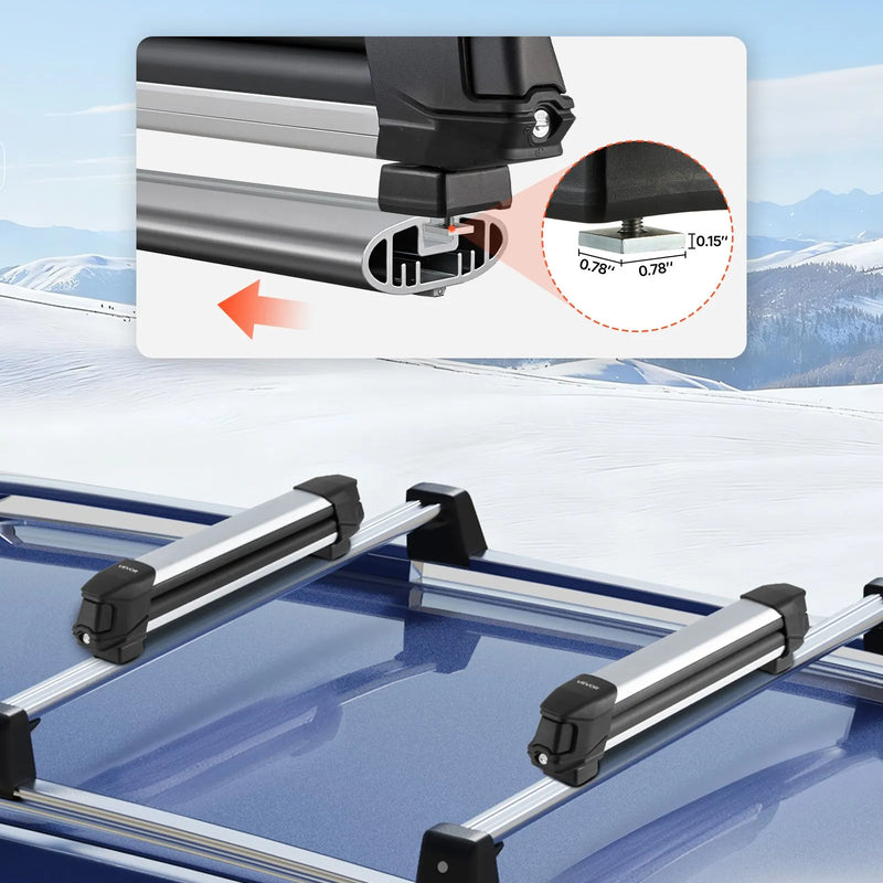 VEVOR slēpju un snovborda jumta turētājs, paredzēts līdz 4 slēpju pāriem vai 2 snovbordiem, 2 gab. universāls alumīnija auto jumta bagāžnieks ar slēdzeni un gumijas polsterējumu, piemērots arī makšķerkātiem, saderīgs ar vairumu rievotu šķērsstieņu