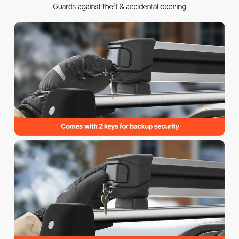 VEVOR slēpju un snovborda jumta turētājs, paredzēts līdz 4 slēpju pāriem vai 2 snovbordiem, 2 gab. universāls alumīnija auto jumta bagāžnieks ar slēdzeni un gumijas polsterējumu, piemērots arī makšķerkātiem, saderīgs ar vairumu rievotu šķērsstieņu