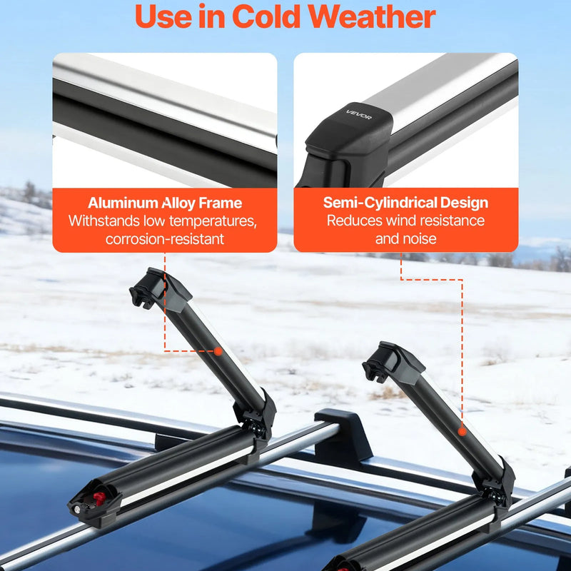 VEVOR slēpju un snovborda jumta turētājs, paredzēts līdz 4 slēpju pāriem vai 2 snovbordiem, 2 gab. universāls alumīnija auto jumta bagāžnieks ar slēdzeni un gumijas polsterējumu, piemērots arī makšķerkātiem, saderīgs ar vairumu rievotu šķērsstieņu