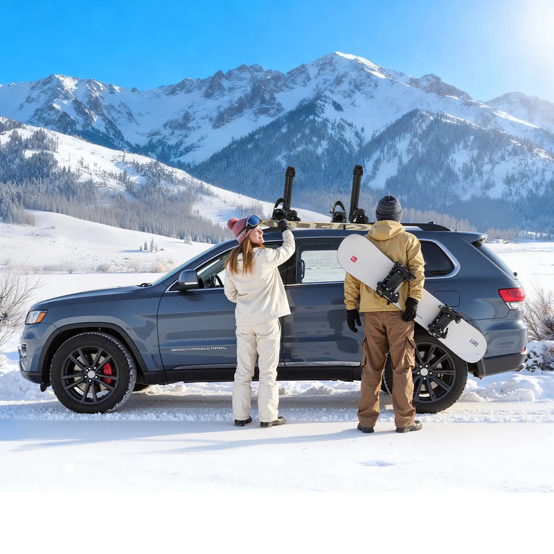 VEVOR slēpju un snovborda jumta turētājs, paredzēts līdz 4 slēpju pāriem vai 2 snovbordiem, 2 gab. universāls alumīnija auto jumta bagāžnieks ar slēdzeni un gumijas polsterējumu, piemērots arī makšķerkātiem, saderīgs ar vairumu rievotu šķērsstieņu