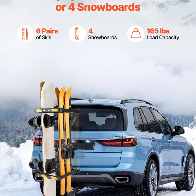 VEVOR salokāms piekabes āķa slēpošanas un snovborda turētājs, piemērots 50 mm sakabei, līdz 6 slēpju pāriem vai 4 snovbordiem, regulējams, ar slēdzeni, drošības siksnu un noliekamu piekļuvi