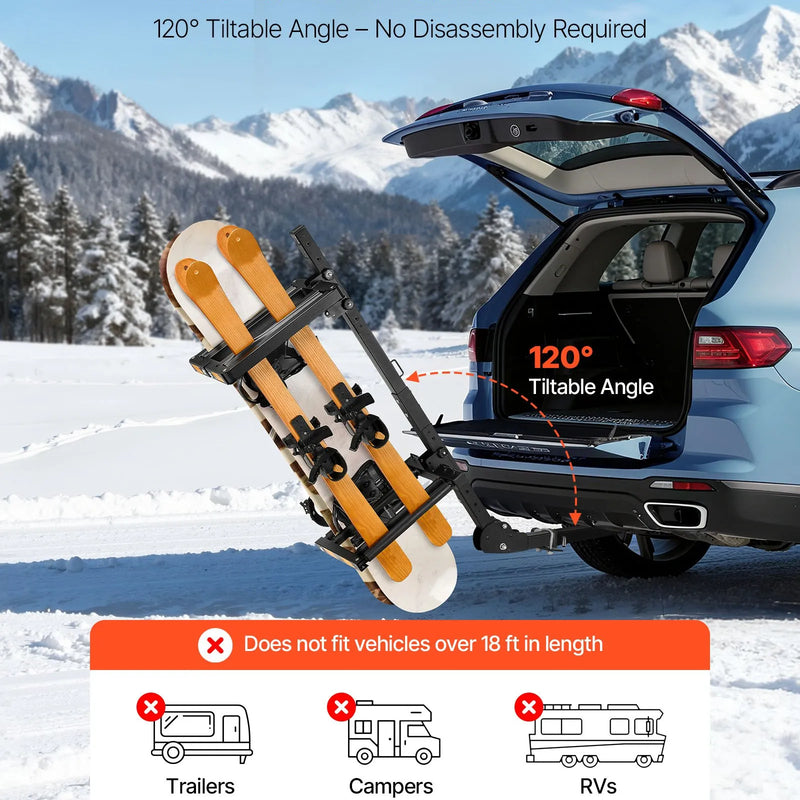 VEVOR salokāms piekabes āķa slēpošanas un snovborda turētājs, piemērots 50 mm sakabei, līdz 6 slēpju pāriem vai 4 snovbordiem, regulējams, ar slēdzeni, drošības siksnu un noliekamu piekļuvi