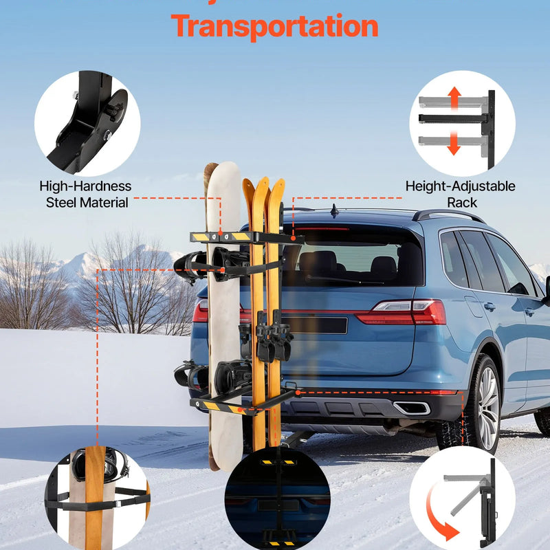 VEVOR salokāms piekabes āķa slēpošanas un snovborda turētājs, piemērots 50 mm sakabei, līdz 6 slēpju pāriem vai 4 snovbordiem, regulējams, ar slēdzeni, drošības siksnu un noliekamu piekļuvi