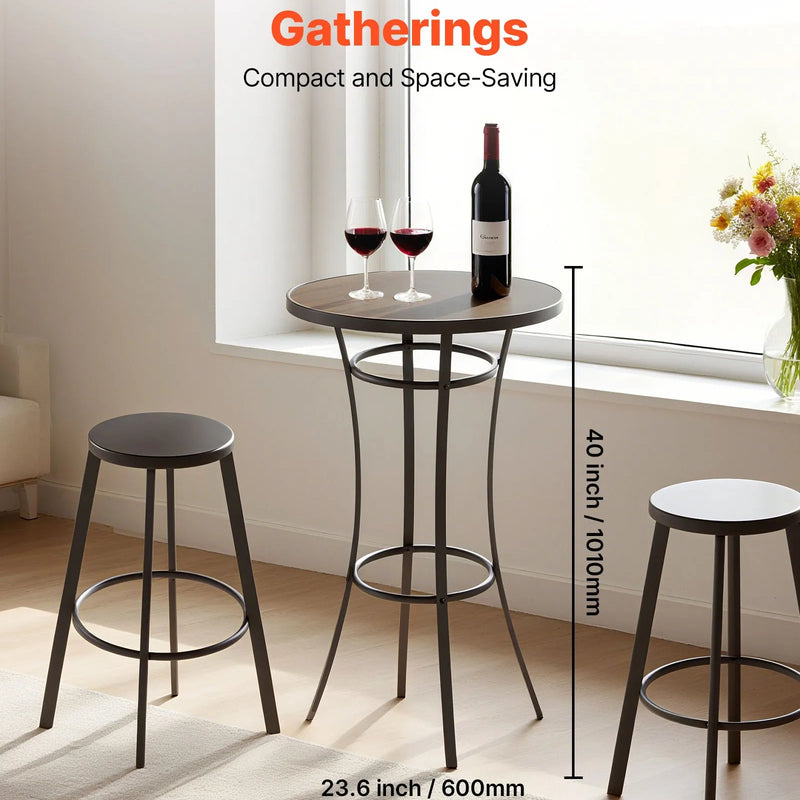 Āra apaļais bāra galds, 60 cm augsts bistro tipa galds ar viegli tīrāmu virsmu un izturīgu metāla rāmi, piemērots gan iekštelpām, gan āra lietošanai – ideāli piemērots mazām telpām vai virtuvei