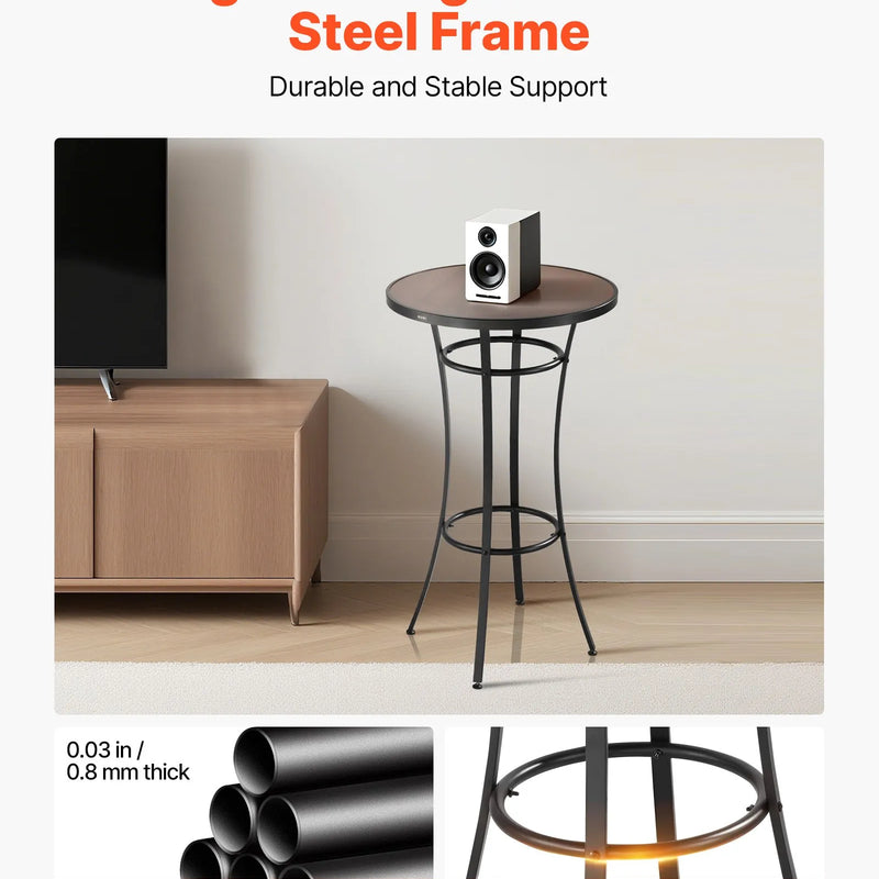 Āra apaļais bāra galds, 60 cm augsts bistro tipa galds ar viegli tīrāmu virsmu un izturīgu metāla rāmi, piemērots gan iekštelpām, gan āra lietošanai – ideāli piemērots mazām telpām vai virtuvei