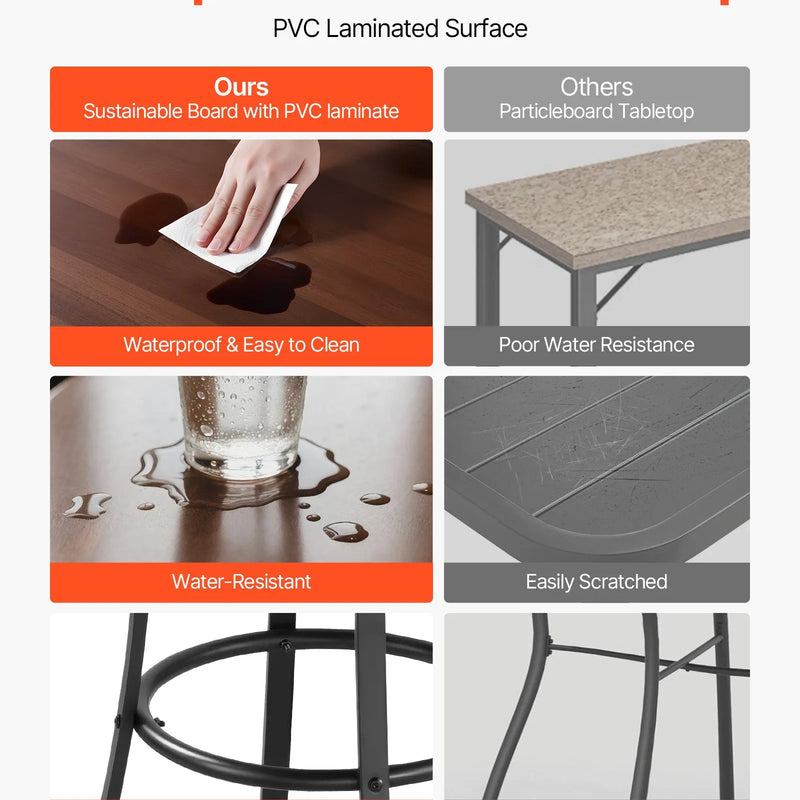 Āra apaļais bāra galds, 60 cm augsts bistro tipa galds ar viegli tīrāmu virsmu un izturīgu metāla rāmi, piemērots gan iekštelpām, gan āra lietošanai – ideāli piemērots mazām telpām vai virtuvei