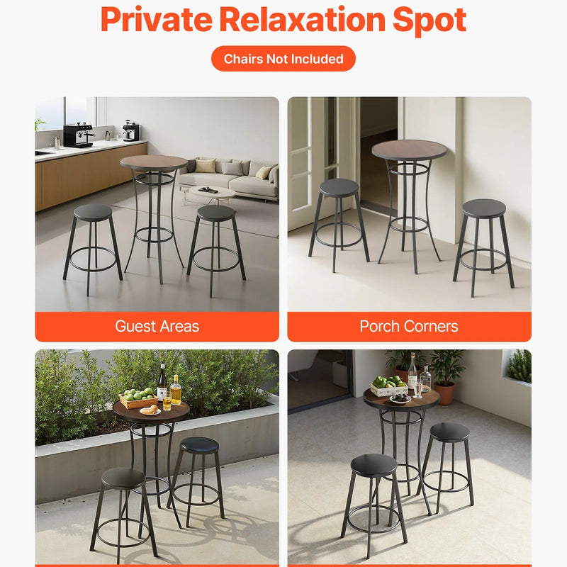 Āra apaļais bāra galds, 60 cm augsts bistro tipa galds ar viegli tīrāmu virsmu un izturīgu metāla rāmi, piemērots gan iekštelpām, gan āra lietošanai – ideāli piemērots mazām telpām vai virtuvei