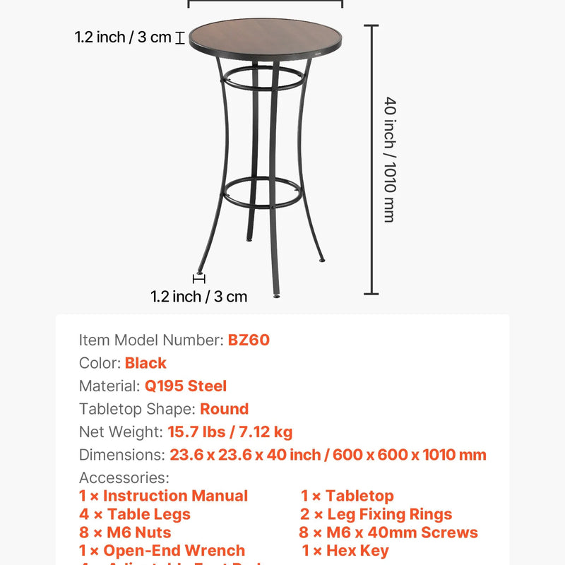 Āra apaļais bāra galds, 60 cm augsts bistro tipa galds ar viegli tīrāmu virsmu un izturīgu metāla rāmi, piemērots gan iekštelpām, gan āra lietošanai – ideāli piemērots mazām telpām vai virtuvei