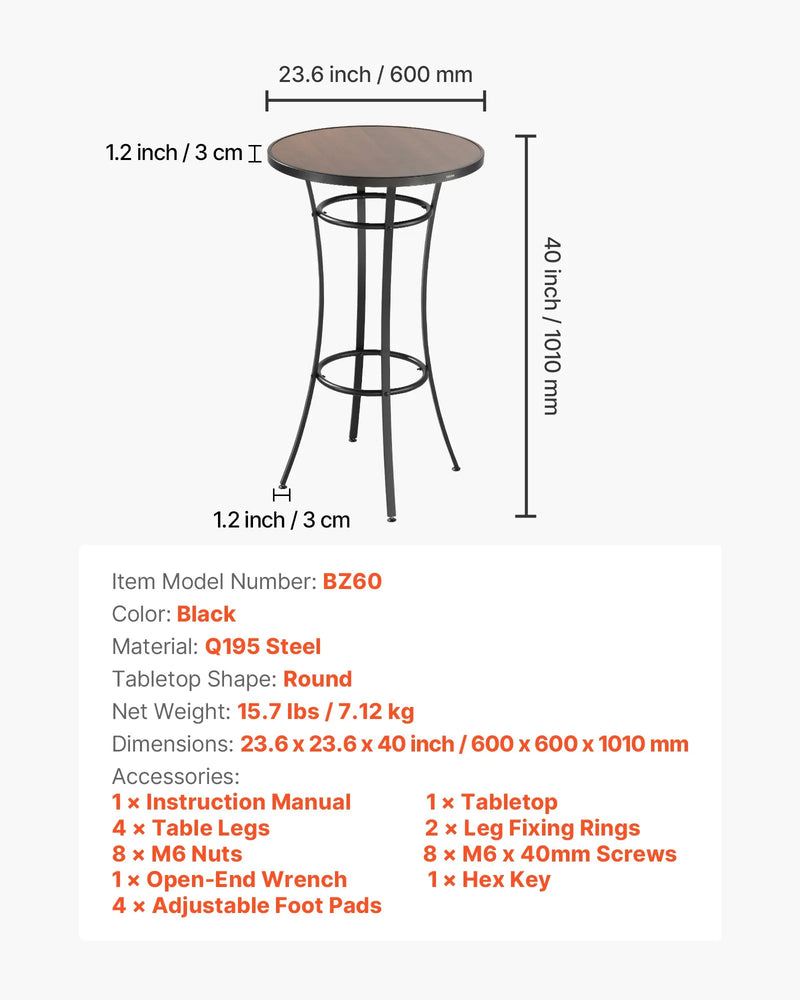 Āra apaļais bāra galds, 60 cm augsts bistro tipa galds ar viegli tīrāmu virsmu un izturīgu metāla rāmi, piemērots gan iekštelpām, gan āra lietošanai – ideāli piemērots mazām telpām vai virtuvei