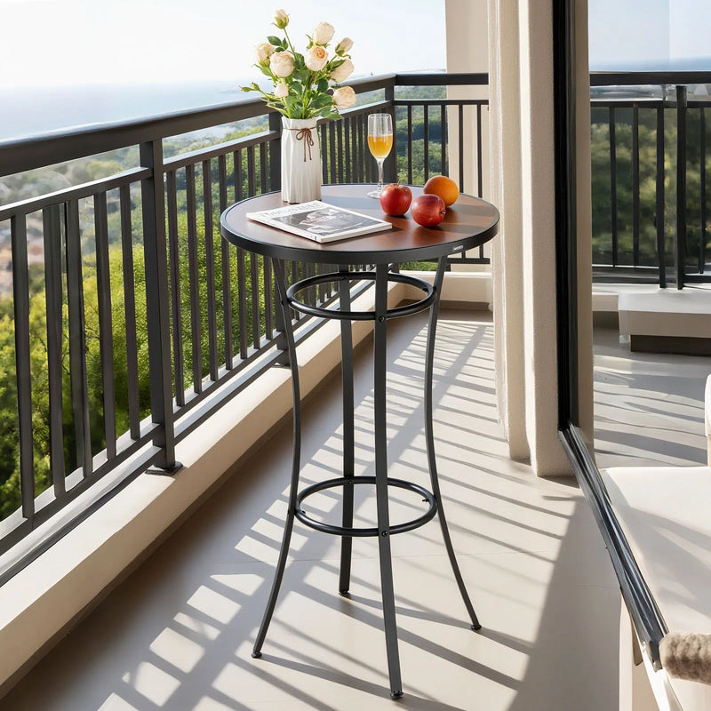 Āra apaļais bāra galds, 60 cm augsts bistro tipa galds ar viegli tīrāmu virsmu un izturīgu metāla rāmi, piemērots gan iekštelpām, gan āra lietošanai – ideāli piemērots mazām telpām vai virtuvei