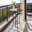 Āra apaļais bāra galds, 60 cm augsts bistro tipa galds ar viegli tīrāmu virsmu un izturīgu metāla rāmi, piemērots gan iekštelpām, gan āra lietošanai – ideāli piemērots mazām telpām vai virtuvei