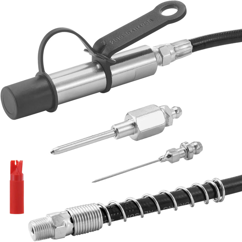 Smērvielas pistoles sakabe 69 MPa augstspiediena, 3-žokļu fiksācija, ātrās atbrīvošanas uzgalis ar šļūteni, Zerk savienojumu tīrītāju un pagarinājuma adatām, saderīga ar visām smērvielas pistolēm ar 3,2 mm NPT savienojumiem