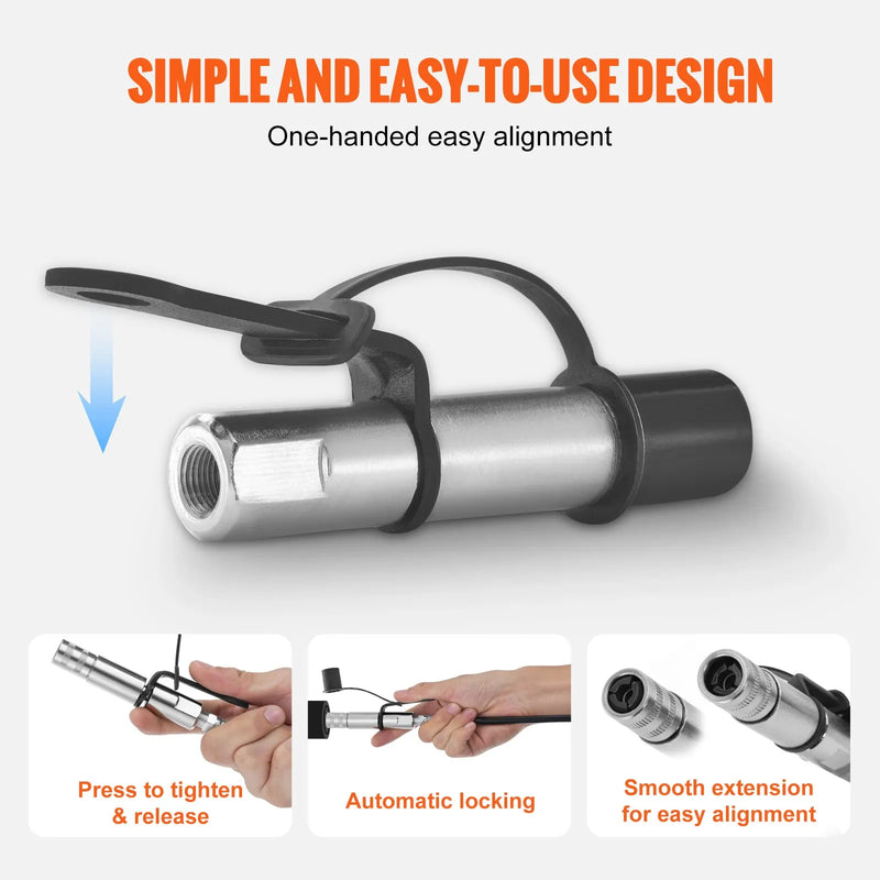 Smērvielas pistoles sakabe 69 MPa augstspiediena, 3-žokļu fiksācija, ātrās atbrīvošanas uzgalis ar šļūteni, Zerk savienojumu tīrītāju un pagarinājuma adatām, saderīga ar visām smērvielas pistolēm ar 3,2 mm NPT savienojumiem