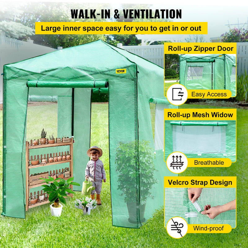 VEVOR siltumnīca 2,4 x 1,83 x 2,4 m, uzstādāma dažu minūšu laikā, augstas stiprības PE pārsegs ar durvīm un logiem un ar pulverkrāsotu tērauda rāmi, piemērots stādīšanai un uzglabāšanai, zaļa