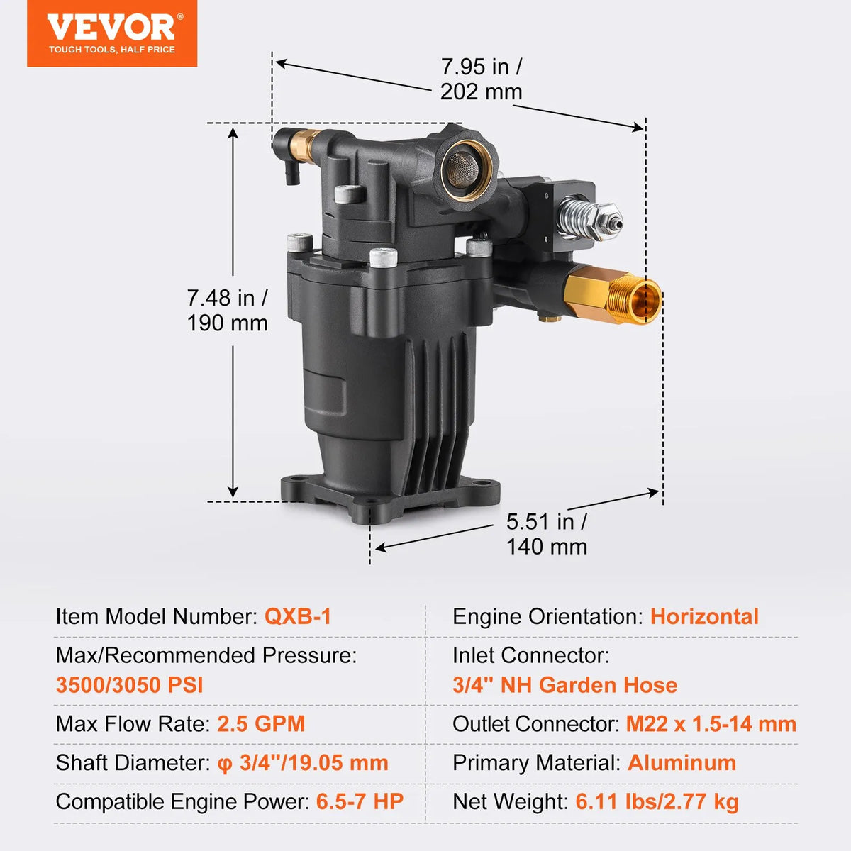 VEVOR High-Pressure Washer Pump with Horizontal 19 mm (3/4″) Shaft, Working Pressure up to 241 bar, Flow Rate 9.5 l/min, Replacement Pump Kit with 5 Nozzles, Mounting Accessories and Siphon Tube, Compatible with Simpson, Honda, Troy-Bilt and Generac