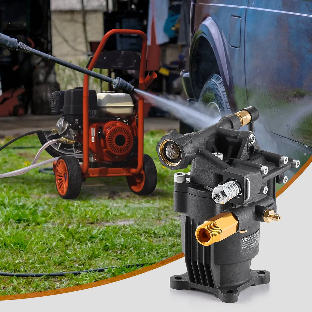VEVOR High-Pressure Washer Pump with Horizontal 19 mm (3/4″) Shaft, Working Pressure up to 241 bar, Flow Rate 9.5 l/min, Replacement Pump Kit with 5 Nozzles, Mounting Accessories and Siphon Tube, Compatible with Simpson, Honda, Troy-Bilt and Generac