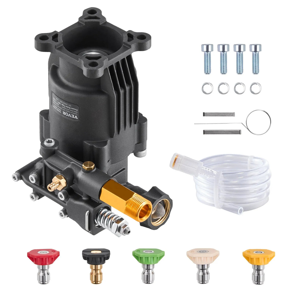 VEVOR High-Pressure Washer Pump with Horizontal 19 mm (3/4″) Shaft, Working Pressure up to 241 bar, Flow Rate 9.5 l/min, Replacement Pump Kit with 5 Nozzles, Mounting Accessories and Siphon Tube, Compatible with Simpson, Honda, Troy-Bilt and Generac