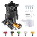 VEVOR augstspiediena mazgātāja sūknis ar horizontālu 19 mm (3/4″) vārpstu, darba spiediens līdz 241 bar, plūsma 9,5 l/min, rezerves sūkņa komplekts ar 5 sprauslām, montāžas piederumiem un sifona cauruli, saderīgs ar Simpson, Honda, Troy-Bilt un Generac