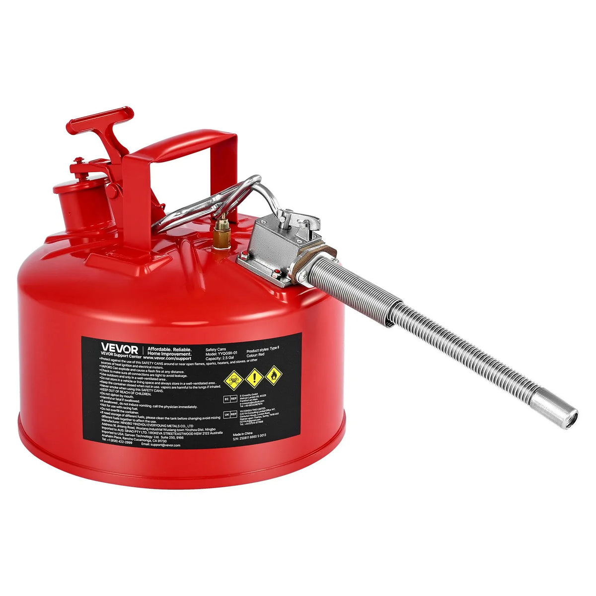 VEVOR Safety Fuel Can 9.5 L, Type II Petrol Can with Stainless Steel Flame Arrestor, Self-Closing Cap and Flexible Metal Spout, Carbon Steel Flammable Liquid Storage Tank with Ergonomic Handle