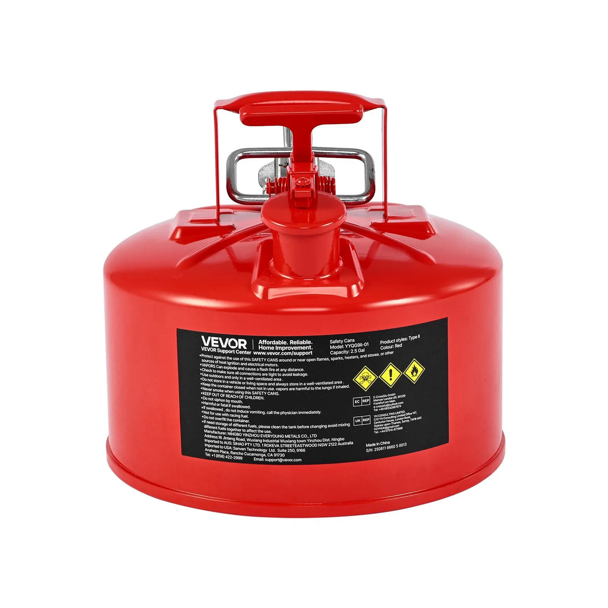 VEVOR Safety Fuel Can 9.5 L, Type II Petrol Can with Stainless Steel Flame Arrestor, Self-Closing Cap and Flexible Metal Spout, Carbon Steel Flammable Liquid Storage Tank with Ergonomic Handle