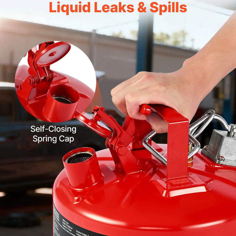 VEVOR drošības degvielas kanna 9,5 l, II tipa benzīna kanna ar nerūsējošā tērauda liesmas slāpētāju, pašnoslēdzošu vāku un elastīgu metāla uzgali, oglekļa tērauda uzliesmojošu šķidrumu uzglabāšanas tvertne ar ergonomisku rokturi